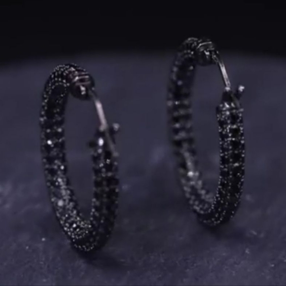 Black Pave Crystal Hoop Earrings Rhinestone Covered Blackened Metal Small Hoops - Picture 8 of 14